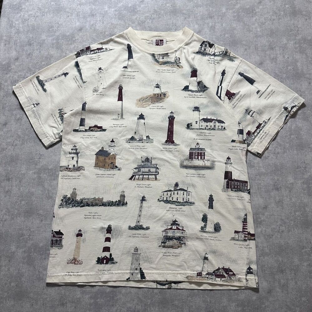 Vintage Arts Unlimited Light House Graphic AOP White T-Shirt Mens XL